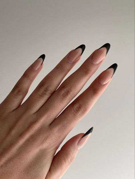 Black Almond Nails Designs Acrylics, Black French Tip Nails Almond Shape, Black French Oval Nails, Nails Black Tips Almond, Almond Black Tip Nails, Black On Black French Tip Nails, Thick Black French Tip Nails Almond, Subtle Black Nails, Black French Tip Nails Long Almond Design