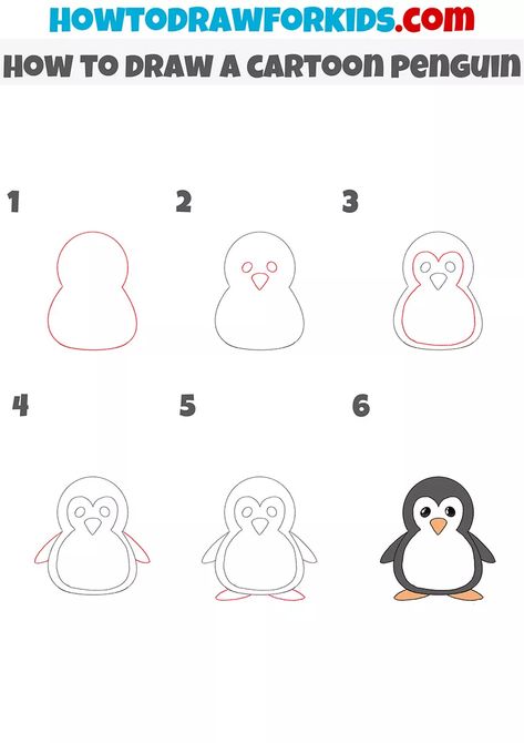 How to Draw a Cartoon Penguin - Easy Drawing Tutorial For Kids Easy Drawings Penguin, Pinguin Drawing Simple, Penqueen Drawing, Pinguin Drawing Easy Cute, How To Draw Penguin Easy, Penguin Drawings Easy, How To Draw A Penguin Step By Step Easy, Penguin Doodle Simple, Penguin Drawing Tutorial