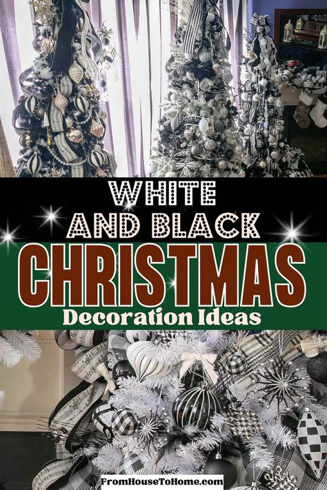 Black and white Christmas decor ideas. Black And White Theme Christmas Tree, Black And White Christmas Tree Topper, Black And White Decorated Christmas Tree, Black White And Red Christmas Decor Xmas Trees, Black And White Christmas Mantle, Black And White Christmas Tree Decor, Black And White Christmas Tree Ideas, Black And White Christmas Decorations, Black And White Christmas Decor