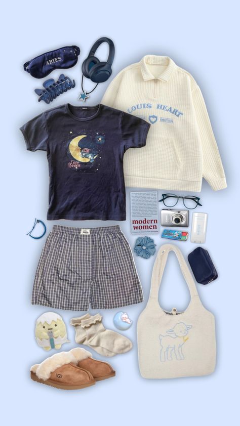 #aestheticoutfit #outfit #outfitinspiration #outfitinspo #blue #sleepover #cozyoutfit Sleepcore Outfit, Cute Sleepover Outfits, Sleepover Outfit, Uni Fashion, Recycled Outfits, Colourful Style, Millennials Fashion, Mum Fashion, Pajama Outfits