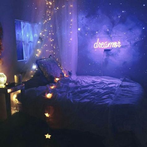 10 Cozy And Dreamy Bedroom With Galaxy Themes | Home Design And Interior Neon Room Decor, Galaxy Bedroom, Galaxy Room, Tumblr Bedroom, Girly Room Decor, Space Themed Bedroom, Neon Room, Galaxy Theme, Decor Ikea