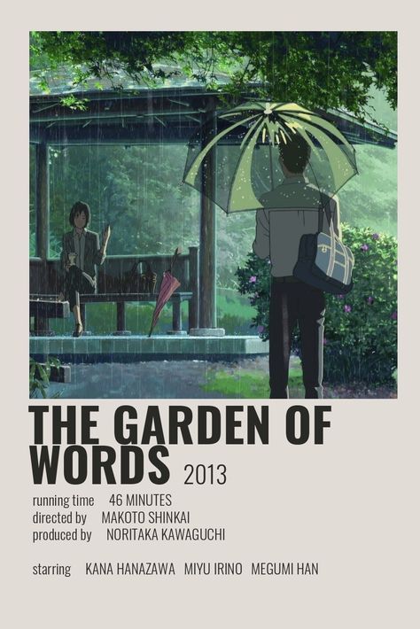 ☆ Minimalist/alternative "The Garden of Words" anime movie poster ☆ Check out my "Anime Posters" board! The Garden Of Words, Garden Of Words, Japanese Animated Movies, Anime Suggestions, Film Posters Minimalist, Film Anime, Poster Anime, Anime Printables, Anime Watch