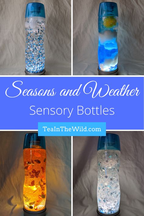 4 Seasons Sensory Bottles, Rain Sensory Bottle, 4 Seasons Sensory Bin, Weather Sensory Bottles, Weather Eyfs Activities, Season Sensory Bottles, Spring Sensory Bottles, Sensory Bottles For Toddlers, Calm Down Bottle