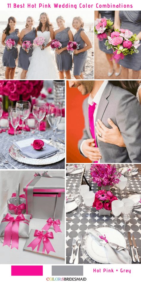 11 Best Hot Pink Wedding Color Combinations Ideas -No.5 Hot Pink and Grey  #colsbm #bridesmaids #weddings #weddingideas #pinkwedding b408 Pink And Navy Fall Wedding, Hot Pink Wedding Theme Color Combos, Pink Grey Wedding Theme, Pink Gray And White Wedding Ideas, Wedding Colors Pink And Gray, Pink Gray Wedding Theme, Pink And Grey Wedding Ideas, Fuchsia Wedding Colors, Hot Pink Wedding Colors