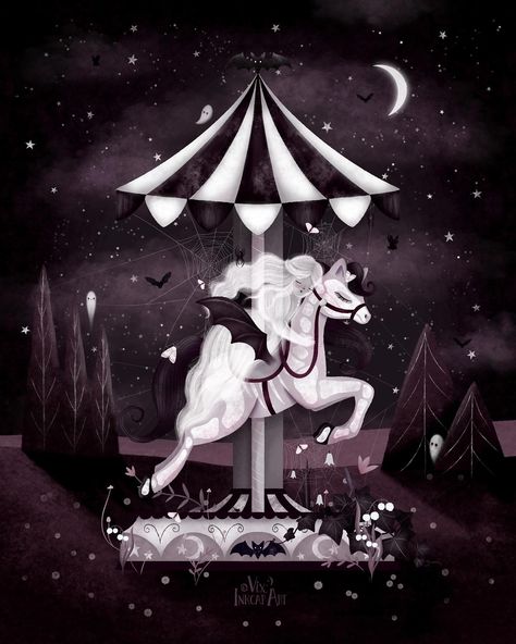 The Midnight version of my spooky little abandoned carousel from yesterday! It’s haunted by a sweet lil ghost girl who needs a name…🎠🎠🎠 . . #spookyspringartparty #spookyspringartparty2024 #spookyspring #spookyspring2024 #spookycute #spookycuteart #spookycuteartist #spookyart #spookyartwork #creepycute #creepycuteart #creepycuteartist #creepycuteartwork #creepycarousel #hauntedcarousel #merrygoround #ghostgirl #gothicart #gothicartwork #whimsigoth #whimsigothic #whimsicalart #whimsicalartist #... Dark Carousel Aesthetic, Dark Unicorn Aesthetic, Creepy Carousel Aesthetic, Carousel Tattoo, Creepy Carousel, Spooky Unicorn, Skeleton Carousel Horse, Whimsical Gothic, Lil Ghost