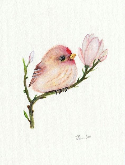 Pink bird & flower Flower Bird Tattoo, Bird Sitting, Creation Art, Bird Tattoo, Hur Man Målar, Flower Bird, 수채화 그림, Pink Bird, Baby Bird