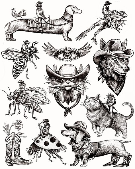 Cue the western theme song whistle 😗🐶🤠 #tattooflashsheet #cowboytattoo #dogtattoos #cowboydog Cowboy Theme Tattoo, Cowboy Animal Tattoo, Western Themed Tattoos, Western Theme Tattoo, Western Flash Tattoo, Western Flash, Western Style Tattoos, Ryan Tattoo, Punchy Western Tattoos