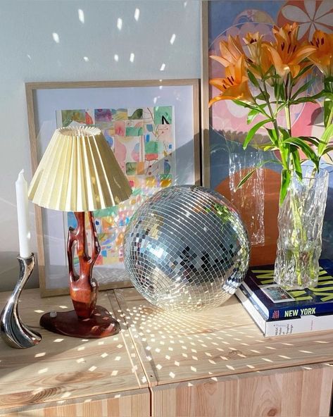 Mirror Disco Ball Disco Ball Living Room Decor, Disco Ball Interior Design, Disco Ball House Decor, Disco Ball Decor Living Room, Classy Disco Ball Decor, Apartment Disco Ball, Disco Ball Shelf Decor, Disco Ball In Living Room, Disco Ball In Bedroom