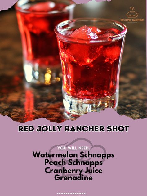 🍬✨ Sweet, tangy, and a burst of flavor! Try the Red Jolly Rancher Shot for a fun twist! 🥃 Red Jolly Rancher Shot Ingredients: - 1 oz Watermelon Schnapps (30 ml) - 1 oz Peach Schnapps (30 ml) - 1 oz Cranberry Juice (30 ml) - 1 oz Grenadine (30 ml) Instructions: 1. Fill a shaker with ice. 2. Add watermelon schnapps, peach schnapps, cranberry juice, and grenadine. 3. Shake well. 4. Strain into a shot glass. 5. Cheers to a vibrant burst of flavors! 🎉 Spice up your night with this vibrant shot... Red Shots Recipes, Green Shots, Jolly Rancher Shot, Mojito Cupcakes, Christmas Shots, Adult Beverages Recipes, Shots Alcohol, Yummy Alcoholic Drinks, Peach Schnapps