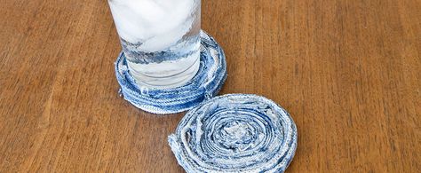 DIY Rolled-Jean Coasters | POPSUGAR Smart Living Denim Coasters, Diy Stocking Stuffers, Diy Gifts For Men, Diy Stockings, Fun Crafts To Do, Denim Ideas, Diy Presents, Denim Diy, Smart Living