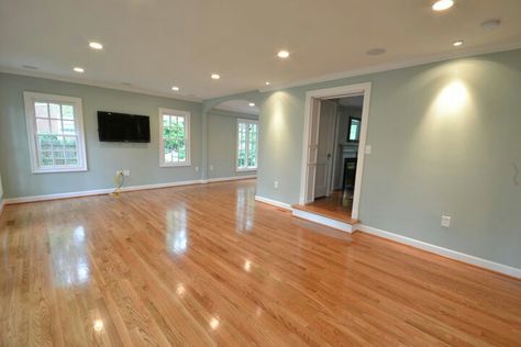 Wall color with white trim and wood floors Palladian Blue Benjamin Moore Bedroom, Light Blue Basement, Blue Benjamin Moore Bedroom, Paladian Blue, Benjamin Moore Palladian Blue, Blue Benjamin Moore, Benjamin Moore Bedroom, Palladian Blue Benjamin Moore, Palladian Blue