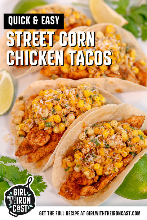 Chicken street corn tacos with charred, spiced chicken and topped with everyone’s favorite Mexican side dish – esquites (Mexican street corn salad)! It’s an easy one-pan meal ideal for using up in-season summer sweet corn. Each bite is juicy and full of flavor. Your new taco tuesday go-to. Street Corn Chicken Tacos Recipe, Street Corn Fried Chicken Tacos, Mexican Street Corn Tostadas, Street Taco Chicken Marinade, Mexican Corn Tacos, Chicken Street Corn Tacos, Easy Taco Dinners, Street Corn Steak Tacos, Street Corn Tacos Recipe