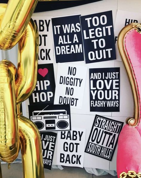 90s Party Signs, 45th Bday Party Ideas, 90s Hip Hop Bachelorette Party, 80s Rap Party, Hip Hop Bachelorette Party, 90s Theme Bday Party Ideas, 90s Theme 50th Birthday Party, Hip Hop Party Centerpiece Ideas, Run Dmc Party Theme