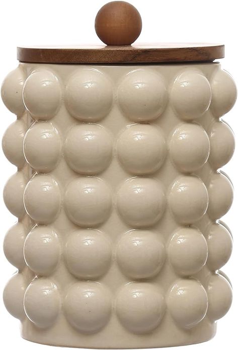 Amazon.com: Creative Co-Op 5.75 Inches Round Stoneware Raised Dots and Acacia Wood Lid, White and Natural Canister : Home & Kitchen White Canisters, Dry Food Storage, Ceramic Canister, Kitchen Things, Coffee Canister, Creative Co Op, Ceramic Set, Kitchen Canisters, Loose Tea