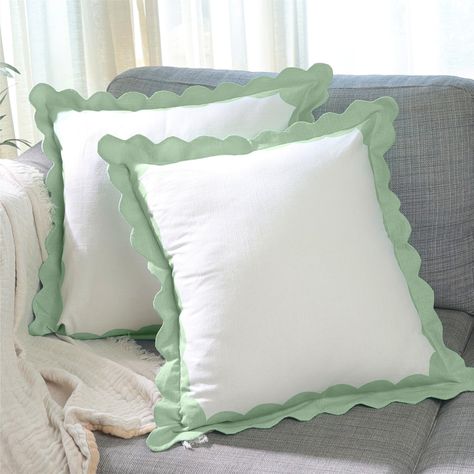 PRICES MAY VARY. 100% Cotton [ STATEMENT PIECE ] - Our scalloped pillow covers or throw pillows for bed have a modern look with vintage patterns. This statement soft accent pillows have a unique boho design that makes a perfect decoration for bedroom, living room, farmhouse, car, outdoor or indoor and almost all spaces. [ UTILITY - Concealed Zipper ] - These white pillow cases set of 2 or white throw pillows in sage green decor have a concealed back zipper which holds the cushion firmly and allo Blue Scalloped Bedding, White Bedding Colorful Pillows, Coastal Granddaughter Pillows, Cute Pillow Cases, Scallop Pillow, Blue And White Throw Pillows, Scalloped Pillow, Blue Decorations, Light Blue Pillows