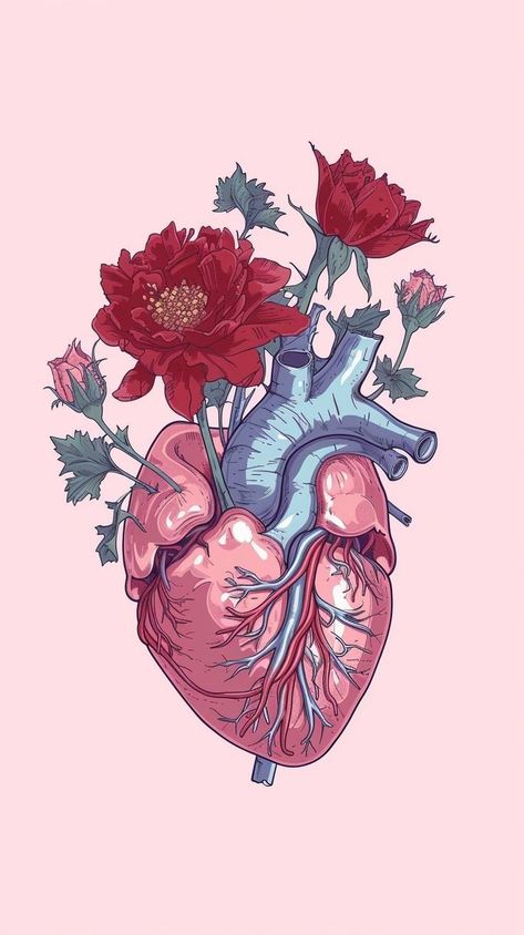 Human Heart Art Flowers, Human Heart Astethic, Realistic Heart Wallpaper Aesthetic, Heart With Flowers Growing Out Of It, Heart Flower Painting, Human Heart Design, Human Wallpaper Aesthetic, Heart Flowers Aesthetic, Aesthetic Drawing Love