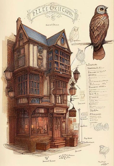 Dnd Tavern Exterior, Watercolor Harry Potter Art, Fantasy Tavern Exterior, Steampunk Exterior, Steampunk House Exterior, Tavern Exterior, Modern Green House, House Design Concept, Green House Ideas