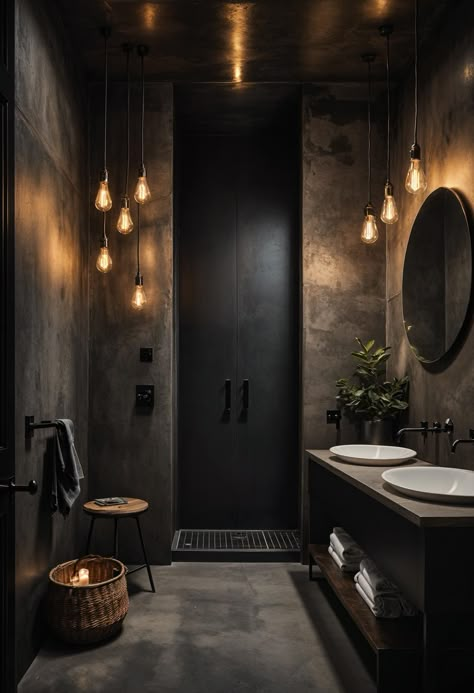 22 Inspiring Dark & Moody Bathroom Designs for Your Next Remodel Master Ensuite Bathroom Moody, Moody Industrial Decor, Moody Spa Bathroom, Luxury Dark Bathroom, Luxury Toilet Design Modern, Home Interior Decoration Ideas, Dark And Moody Bathrooms, Industrial Decor Bathroom, Industrial Room Design