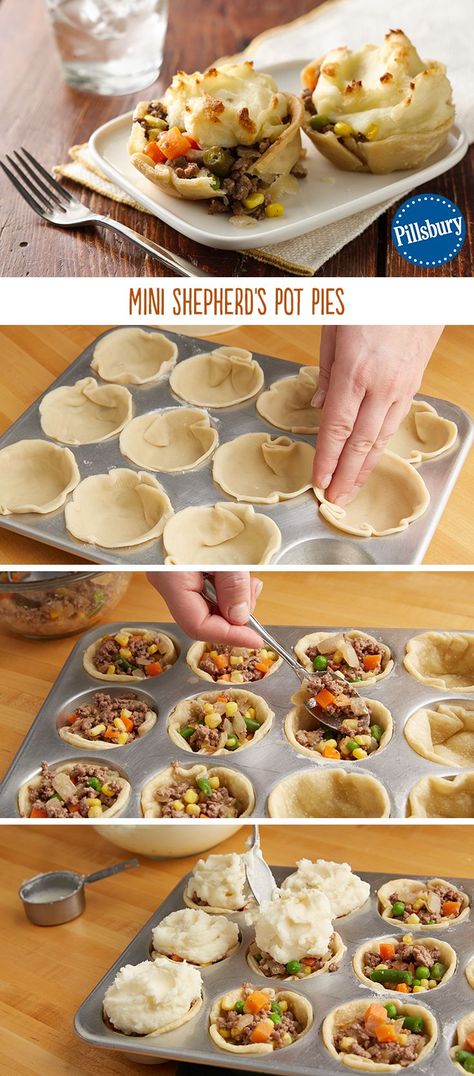 Pillsbury Dinner Ideas, Chicken Pot Pie Recipe Muffin Tins, Mini Meat Pie Recipe, Muffin Tin Dinners, Mini Dinner Ideas, Muffin Pan Meals, Family Favorite Dinners, Easy Muffin Tin Recipes, Muffin Meals