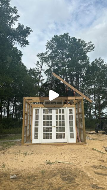 Diy Greenhouse With Old Windows, Cottage Greenhouse, Green House Ideas, Old Window Greenhouse, Greenhouse Pictures, Recycled Windows, Window Greenhouse, Board And Batten Siding, Diy Greenhouse