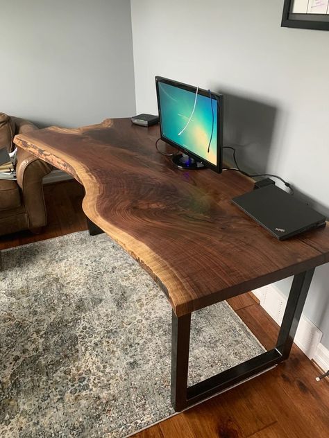 Office Work Station, Live Edge Wood Desk, Rustic Computer Desk, Diy Industrial Furniture, Live Edge Desk, Wood Slab Table, Desk Modern, Studio Office, Live Edge Furniture