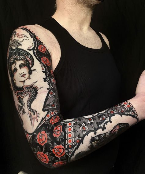 Neo Traditional Frame Tattoo, Framed Traditional Tattoo Sleeve, Art Nouveau Tattoos, Framed Traditional Tattoo, Neo Traditional Tattoos Black And Grey, Traditional Tattoo Black And Grey, American Traditional Sleeve, Black And Grey Sleeve, Art Nouveau Tattoo