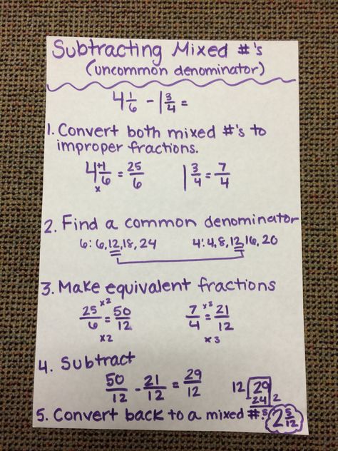 Subtracting mixed #'s with uncommon denominators Subtracting Mixed Numbers Anchor Chart, Hesi Math, Subtracting Mixed Fractions, Mixed Fractions, Learning Websites For Kids, Math Tips, Teaching Math Strategies, Unit Studies Homeschool, Math Classroom Decorations