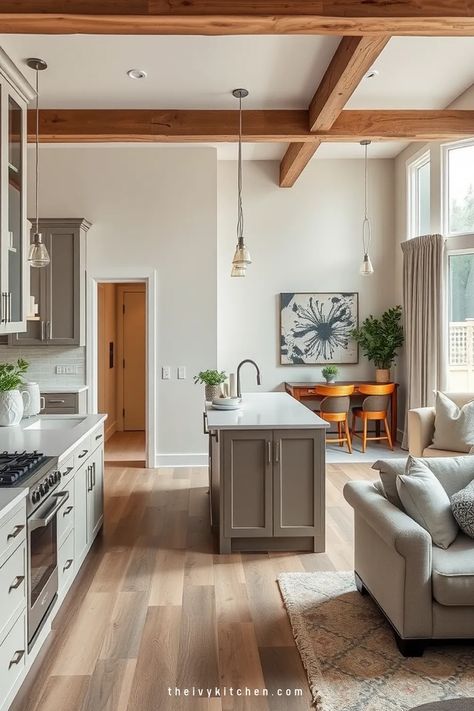 Modern kitchen and dining area with wooden beams, pendant lights, gray cabinets, and a cozy sitting nook. Greige Kitchen Cabinets, Ivy Kitchen, Greige Kitchen, House Finishes, Timeless Kitchen, Grey And Beige, Ivy, Modern Style, Kitchen Cabinets