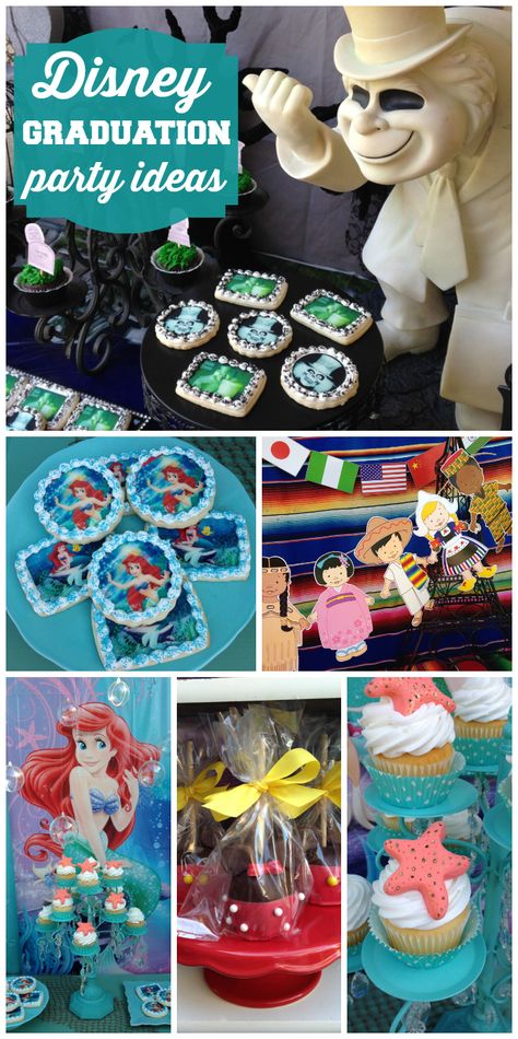 A Disney themed graduation party with Little Mermaid, Haunted Mansion and Small World ideas!  See more party ideas at CatchMyParty.com! Disney Graduation Party Ideas, Disney Grad Party, Disney Themed Graduation Party, Disney Graduation Party, Small World Ideas, Themed Graduation Party, Nerd Birthday, Asparagus Rolls, Disney World Birthday