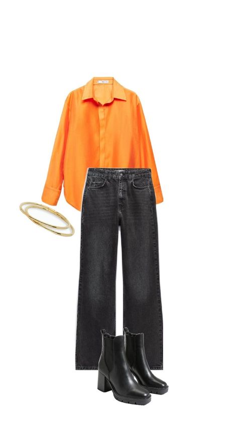 The easiest combo pair any color with black, but don't fear away from trying new color combos ! Blouse Styling, Orange Blouse, Blouse Outfit, How To Style, Blouse Styles, Orange