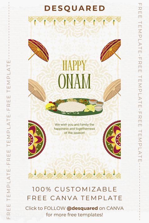 A free happy onam greeting designed on Canva with traditional Kerala elements like Onam sadya (onasadya), pukalam (pookkalam), onathappan, olakkuda, banana leaf and vilakku. It can be downloaded easily from Desquared's profile on Canva. Onam Templates, Green Red Aesthetic, Onam Greetings, Animated Design, Happy Onam, Invitation Background, Social Media Design Inspiration, Invite Template, Animation Design