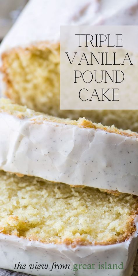 My Vanilla Pound Cake is a classic moist pound cake recipe with three layers of intense vanilla flavor to excite even the most serious vanilla fans. Vanilla Bean Bundt Cake, Blondie Oreo Buttermilk Pound Cake, Vanilla Honey Cake, Bread Machine Pound Cake Recipes, Vanilla Baked Goods, Vanilla Bean Pound Cake, Vanilla Loaf Cake Recipe, Vanilla Cake Loaf, Sourdough Pound Cake Recipe