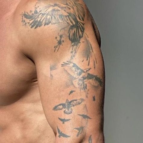 Bird Shoulder Tattoo Men, Tattoo Going Up Arm, Mens Bird Tattoo, Upper Sleeve Tattoo, Alexander The Great Tattoo, Inside Bicep Tattoo, Bird Shoulder Tattoos, Underarm Tattoo, Rowan Whitethorn