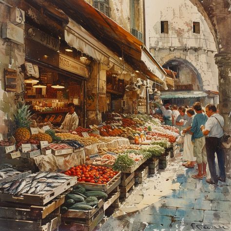 Bustling Market Scene: Shoppers browse through a colorful array of fresh produce at a lively street market scene. #market #street #produce #fresh #fruits #vegetables #colorful #shopping #aiart #aiphoto #stockcake https://ayr.app/l/gcEM Fantasy Street Market, Market Place Painting, Village Market Aesthetic, Italian Street Market, Market Place Aesthetic, Vegetable Market Drawing, Japanese Street Market, Ancient Marketplace, Environment Moodboard