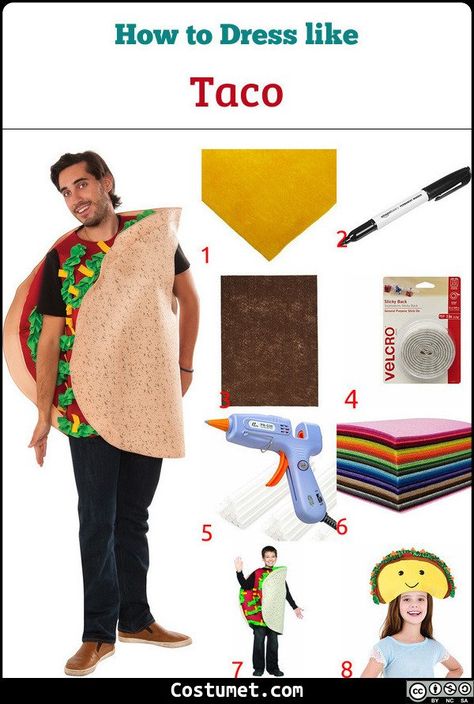 Baby or Child Taco's costume includes a taco shell foam body with green, blue, white, red, and yellow pieces of cloth. Wear a taco hat to complete the look.            #Male #Female #male #female #funny #misc #baby #kid #taco Taco Costume Diy, Diy Taco Costume, Baby Taco Costume, Taco Hat, Taco Costume, Spirit Days, Taco Shell, How To Make Taco, Costume For Halloween