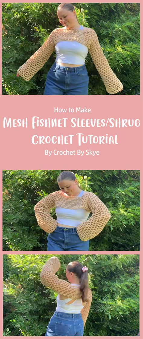 Get ready to elevate your wardrobe with the most exquisite and stylish accessory – Mesh Fishnet Sleeves and Shrugs. In this tutorial, Crochet By Skye are thrilled to guide you through the intricacies of creating these beautiful pieces. Crochet Fishnet Sleeves Pattern, Crochet Tops Sleeves, Fishnet Shrug Crochet, Crochet Fishnet Shrug Pattern Free, Mesh Crochet Sleeves, Fishnet Top Diy, Fishnet Sleeves Crochet, Crochet Long Sleeve Crop Top Pattern Free, Fishnet Bolero Crochet