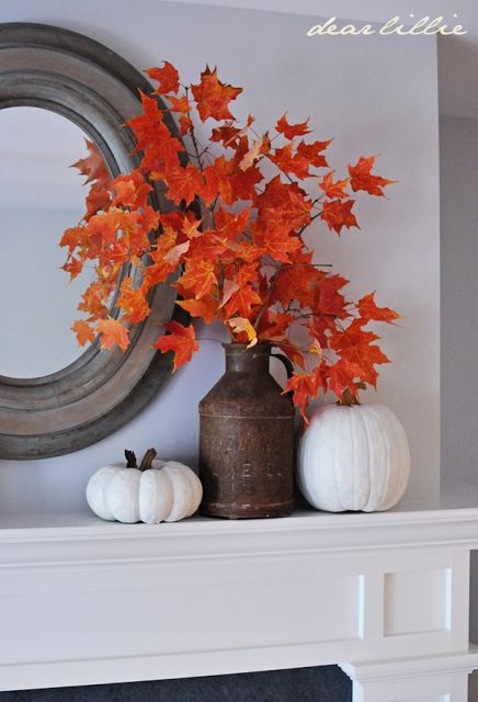 Outside Fall Decor, Fall Mantle Decor, Dear Lillie, Mantle Ideas, Fall Mantle, Orange Leaves, Fall Deco, Fall Thanksgiving Decor, Autumn Decorating