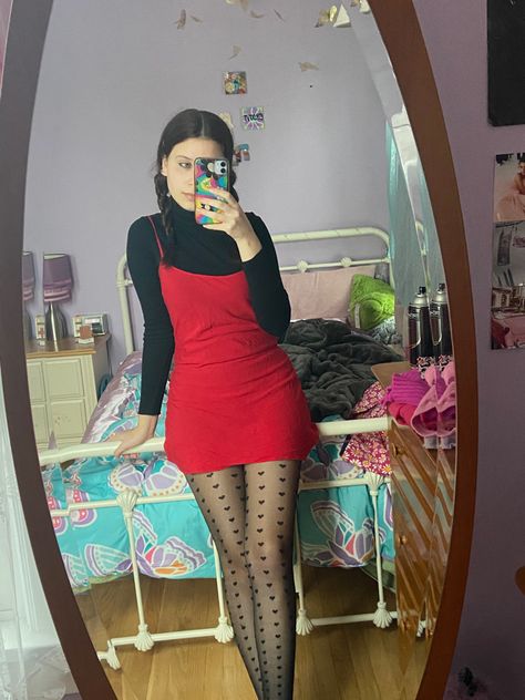 Edgy Red Dress Outfit, Valentine’s Day Dress Aesthetic, Red Dress Layered Outfit, White Heart Tights Outfit, Pink Dress With Black Tights, Red Slip Dress Outfits Winter, Heart Stockings Outfit, Mother Mother Concert Outfit, Red Slip Dress Outfits