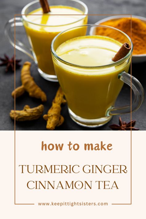 Discover the amazing health benefits that Turmeric Ginger Cinnamon tea has to offer! Packed with anti-inflammatory and antioxidant properties, this tea will not only boost your immune system but also promote gut health and cognitive function. Join the health revolution by incorporating this delicious and nutritious beverage in your daily routine. #turmerictea #turmericbenefits #gintertea #gingerbenefits #cinnamontea #cinnamonbenefits Tumeric Ginger Cinnamon Tea Recipes, Turmeric Tea For Inflammation, Teas For Gut Health, Turmeric Ginger Cinnamon Tea, Turmeric And Ginger Tea, Ginger Tumeric Tea, Tea For Gut Health, Inflamation Diet, Ginger Cinnamon Tea