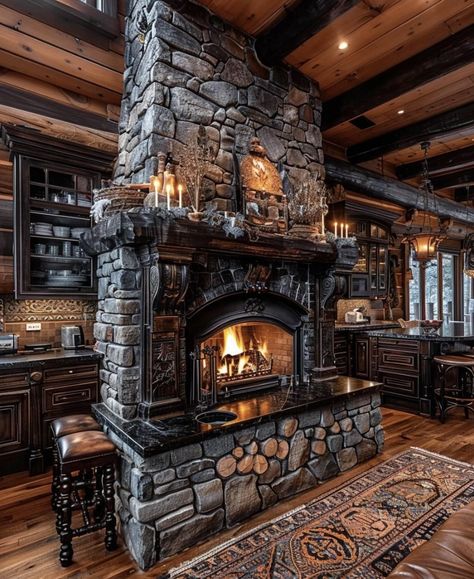 Massive Fireplace Ideas, Luxury Fireplace Living Room, Fantasy Fireplace, Vintage Fireplace Ideas, Fire Places Ideas, Old Brick Fireplace, Fireplace Entryway, Center Fireplace, Brick Fireplace Wall