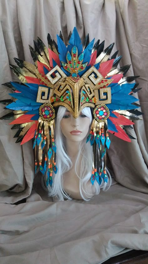 Diy Aztec Headdress, Cardboard Headdress, Aztec Cosplay, Aztec Feather Headdress, Aztec Headpiece, Aztec Crown, Costume Headpieces, African Headdress, Aztec Headdress