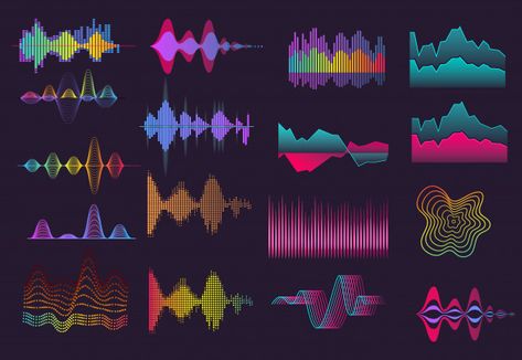 Colorful sound wave set | Free Vector #Freepik #vector #freemusic #freeabstract #freetechnology #freewave Sound Waves Design, Music Abstract, Sound Logo, Sound Sculpture, Soundwave Art, Music Visualization, Waves Logo, Sound Art, Sound Wave