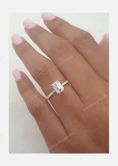 Emerald Cut Hidden Halo, Halo Moissanite Engagement Ring, Radiant Cut Rings, Hidden Halo Engagement Ring, Ring Inspo, Emerald Cut Moissanite, Moissanite Diamond Rings, Emerald Engagement Ring Cut, Dream Engagement