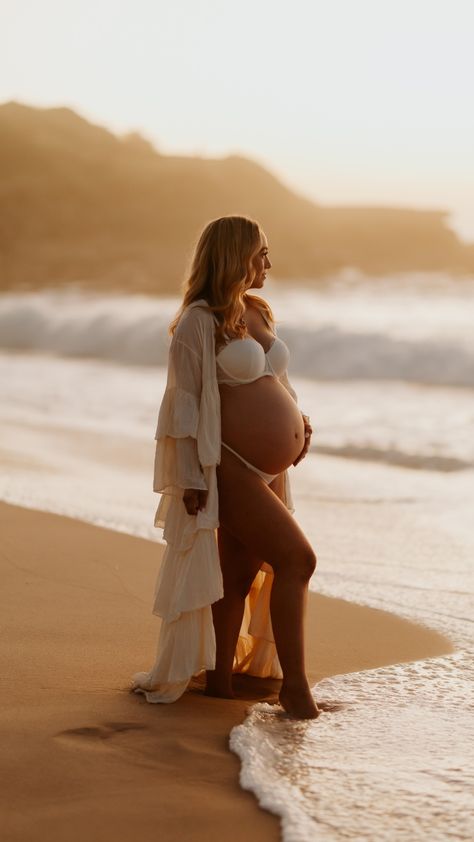 Maternity session at sunrise, 40 weeks due. Swim Maternity Photos, Maternity Shoot Beach Outfit, Maternity Photo Beach Ideas, Maternity Photoshoot On Beach, Maternity Photo Shoot Ideas At The Beach, Babymoon Beach Photos, Maternity Sunrise Photoshoot, Maternity Boudiour Beach, Beach Sunset Maternity Photoshoot