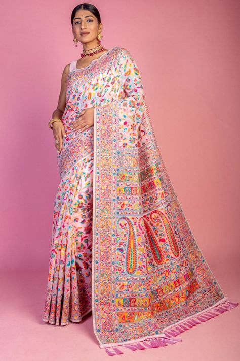 Baby Pink Handloom Weaving Kashmiri Pashmina Saree White Pashmina, Pashmina Saree, Plus Size Lehenga, Designer Sarees Wedding, Handloom Weaving, Indian Party Wear, Lehenga Style, Traditional Saree, Black Saree