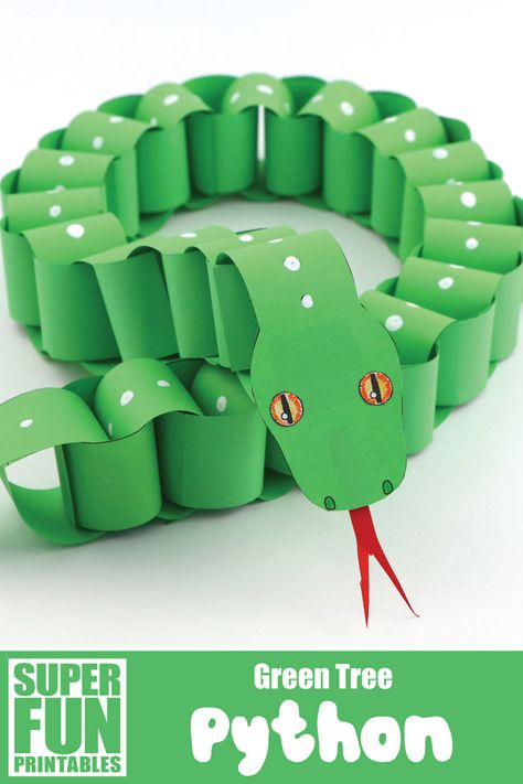 Make a paper chain snake that looks like a Green Tree python using our printable template. This is a simple paper craft idea with a realistic twist! There is also a Jungle Carpet python and a design-your-own paper snake template to make #snake #papersnake #snakecraft #paperchain #paperchainsnake #python #greentreepython #animalcrafts #kidsactivities #printables #superfunprintables #thecrafttrain Paper Snake, Snake Craft, Rainforest Crafts, Jungle Crafts, Snake Crafts, Jungle Theme Classroom, Construction Paper Crafts, Paper Chain, Paper Chains