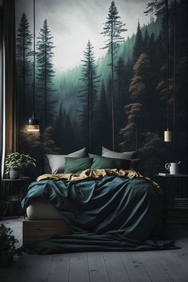 Bedroom With Forest Wallpaper, Misty Forest Bedroom Ideas, Forest Bedroom Aesthetic Modern, Simple Peaceful Bedroom, Boho Mountain Bedroom Decor, Woods Bedroom Ideas, Forest Wallpaper Bedroom Nature, Bedroom Forest Wallpaper, Earthy Forest Bedroom