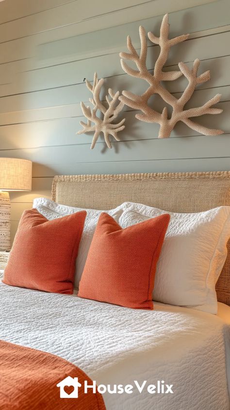 Coral and Seaweed Decor Updated Coral Wall Paint Bedroom, Coral Bedroom Ideas For Adults, Seaweed Decor, Coral Bedroom Decor, Coral And Seaweed, Coral Room, Coastal Bedroom Ideas, Coral Bedroom, White Washed Furniture