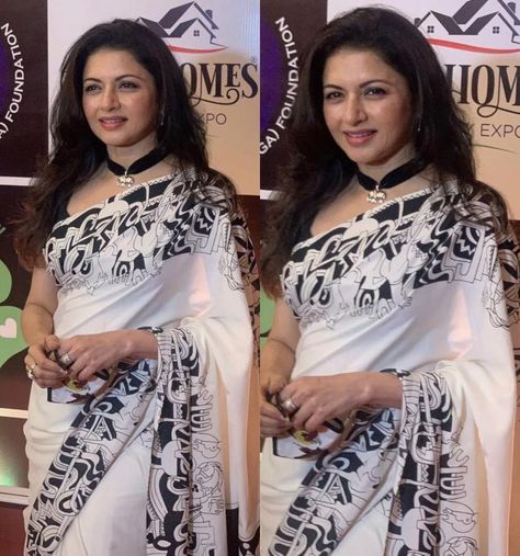 bhagyashree in black and white saree 1R Plain White Saree, White And Black Saree, Black And White Saree, White Sarees, Satya Paul, Saree Drape, Wedding Photoshoot Poses, White Saree, Drape Saree