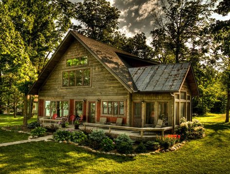 lake house cabin-exterior Rustic Cabin Exterior, Log Homes Exterior, Rustic Exterior, Cabin Exterior, Cabin Living, Cottage Plan, Log Cabin Homes, Lake Cabins, Rustic Cottage